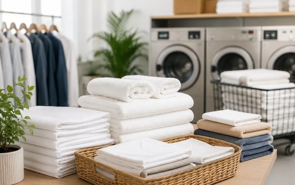 Draps et serviettes pliés après lavage et repassage par ST Nettoyage